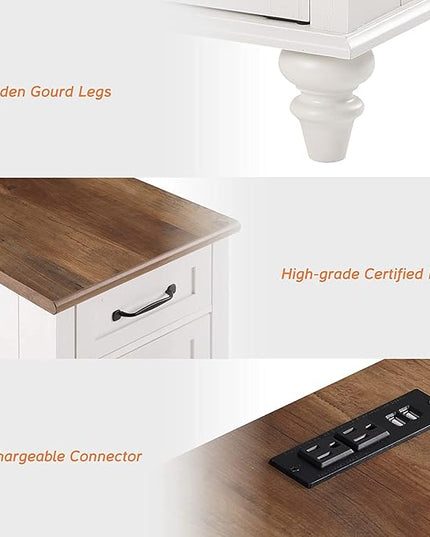WAMPAT 2 Pack White End Table with Charging Station, Wood Side Sofa Table with Drawer and Storage Cabinet, Modern Nightstand with Power Outlets & USB Ports for Living Room, Bedroom - LeafyLoom
