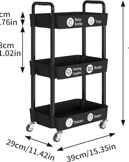 3-Tier Kitchen Storage Cart,Multifunction Utility Rolling Storage Organizer,Mobile Shelving Unit Cart with Lockable Wheels for Bathroom,Laundry,Living Room,With Classified Stickers,Black - LeafyLoom