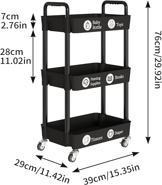 3-Tier Kitchen Storage Cart,Multifunction Utility Rolling Storage Organizer,Mobile Shelving Unit Cart with Lockable Wheels for Bathroom,Laundry,Living Room,With Classified Stickers,Black - LeafyLoom