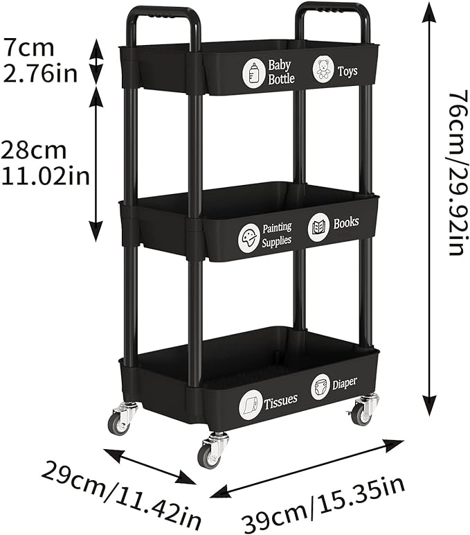 3-Tier Kitchen Storage Cart,Multifunction Utility Rolling Storage Organizer,Mobile Shelving Unit Cart with Lockable Wheels for Bathroom,Laundry,Living Room,With Classified Stickers,Black - LeafyLoom