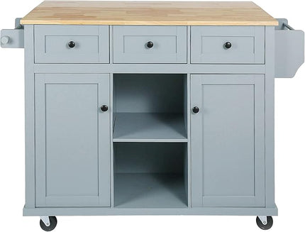 53" W Kitchen Island Table with Rubber Wood Drop-Leaf Countertop & Cabinet, Rolling Kitchen-Cart on 5 Wheels w/Internal Storage and 3 Drawers, Spice Holder, for Dining Room - LeafyLoom