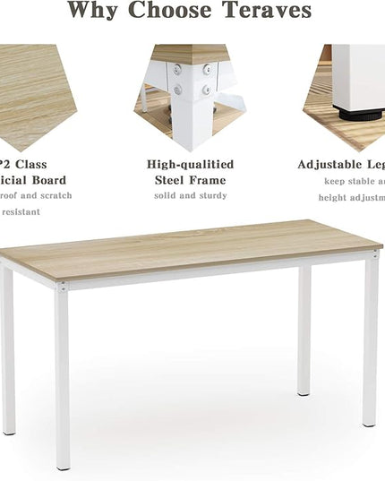 Teraves Computer desk/Dining Table Office Desk Sturdy Writing Workstation for Home Office (39.37“, Beige + White Frame) - LeafyLoom