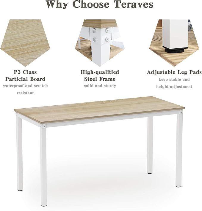 Teraves Computer desk/Dining Table Office Desk Sturdy Writing Workstation for Home Office (39.37“, Beige + White Frame) - LeafyLoom