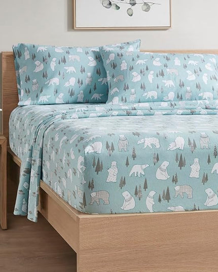 Comfort Spaces Novalty Cotton Flannel Breathable Warm Deep Pocket Sheets With Pillow Case Bedding, Full, Blue Polar Bears 4 Piece - LeafyLoom