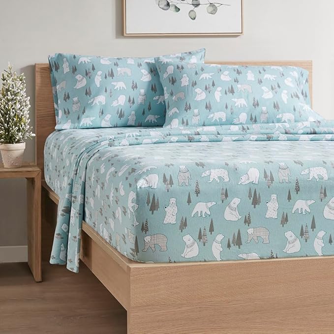 Comfort Spaces Novalty Cotton Flannel Breathable Warm Deep Pocket Sheets With Pillow Case Bedding, Full, Blue Polar Bears 4 Piece - LeafyLoom