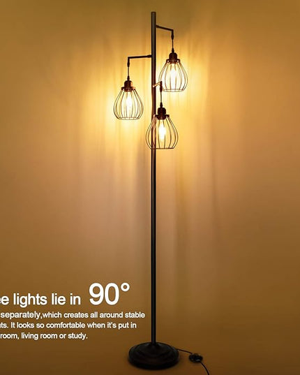 Lakumu Industrial Tree Floor Lamp for Living Room, with 3 Elegant Teardrop Cage Heads & ST58 Edison LED Bulbs, Sturdy Base Tall Vintage Pole Light Great for Farmhouse Rustic Bedroom Office - LeafyLoom