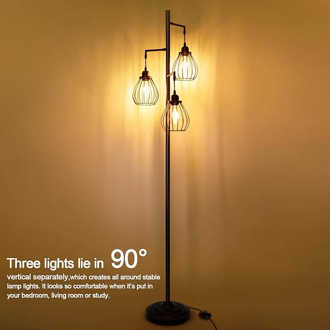 Lakumu Industrial Tree Floor Lamp for Living Room, with 3 Elegant Teardrop Cage Heads & ST58 Edison LED Bulbs, Sturdy Base Tall Vintage Pole Light Great for Farmhouse Rustic Bedroom Office - LeafyLoom