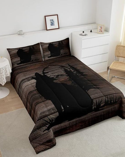 Cute Wolf Comforter Set for Girls Kids Wolves Howling Bedding Set Room DecorAnimal Wolves Tree Wood Grain Bedding Set Brown Black Duvet Set 3Pcs with 2 Pillow Case Full Size Boys - LeafyLoom