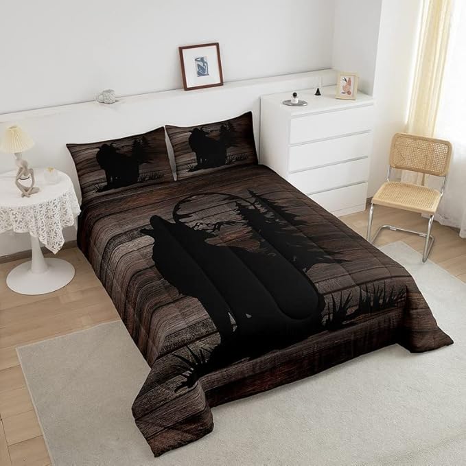 Cute Wolf Comforter Set for Girls Kids Wolves Howling Bedding Set Room DecorAnimal Wolves Tree Wood Grain Bedding Set Brown Black Duvet Set 2Pcs with 1 Pillow Case Twin Size Boys - LeafyLoom