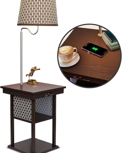 Brightech Madison Side Table with Lamp Combo, Desk Lamp with Wireless Charging Pad and USB Port, Bedside Reading Lamp, Nightstand Lamp with LED Bulb for Bedroom, Living Room, Office - Havana Brown - LeafyLoom