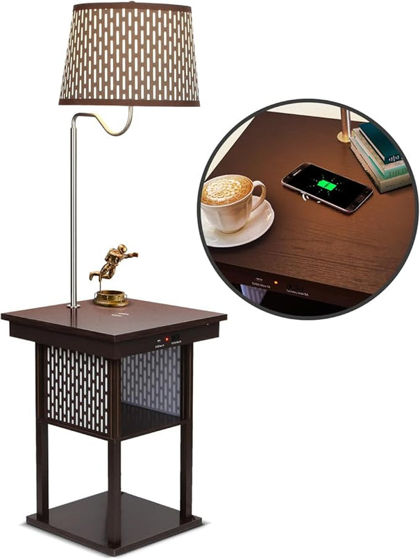Brightech Madison Side Table with Lamp Combo, Desk Lamp with Wireless Charging Pad and USB Port, Bedside Reading Lamp, Nightstand Lamp with LED Bulb for Bedroom, Living Room, Office - Havana Brown - LeafyLoom
