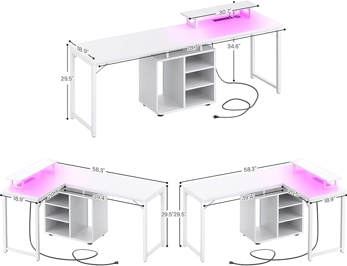 Cyclysio L Shaped Gaming Desk with Wood Cabinet, 58" Large Corner Desk with LED Lights & Power Outlet, Reversible Computer Desk with Monitor Stand, Home Office Desk 2 Person Corner Desk, White - LeafyLoom