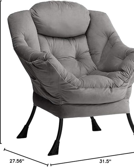 AbocoFur Modern Velvet Fabric Lazy Chair, Accent Contemporary Lounge Chair, Single Steel Frame Leisure Sofa Chair with Armrests and A Side Pocket, Thick Padded Back, Smoky Grey - LeafyLoom