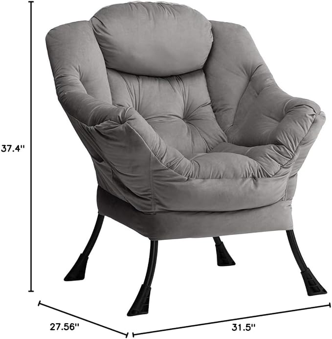 AbocoFur Modern Velvet Fabric Lazy Chair, Accent Contemporary Lounge Chair, Single Steel Frame Leisure Sofa Chair with Armrests and A Side Pocket, Thick Padded Back, Smoky Grey - LeafyLoom
