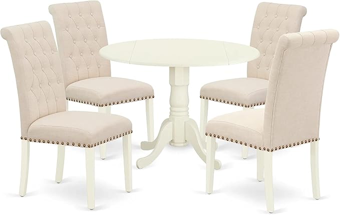 East West Furniture DLBR5-WHI-02 Dublin 5 Piece Dining Set for 4 Includes a Round Kitchen Table with Dropleaf and 4 Light Beige Fabric Upholstered Chairs, 42x42 Inch, Linen White - LeafyLoom