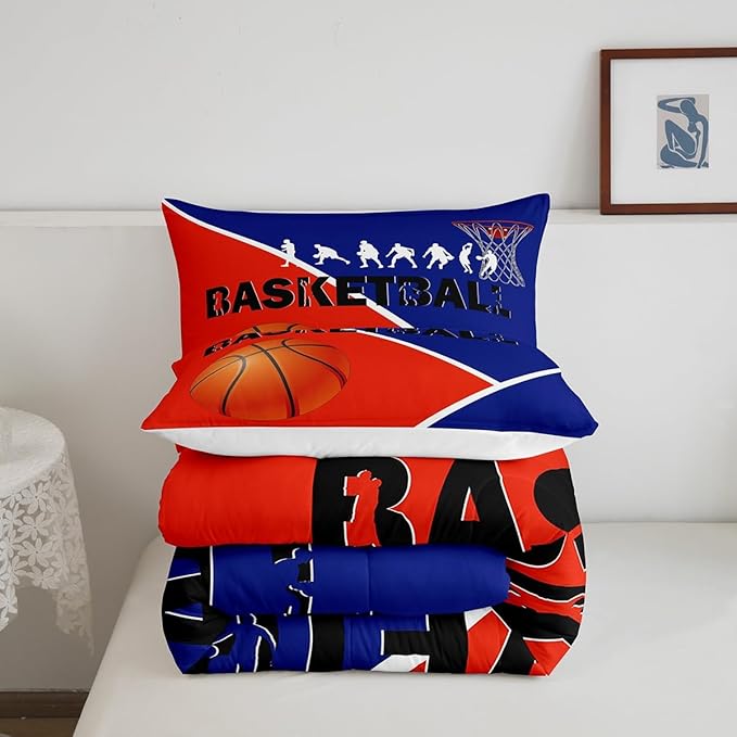 Erosebridal Basketball Twin Bedding Sets for Boys Girls Basketball Player Comforter Set Sports Bedding Comforter Sets for Kids Teen Orange Blue Geometric Quilt Duvet 1 Pillow Case Bedroom Dorm Decor - LeafyLoom