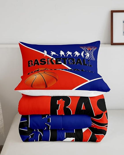 Erosebridal Basketball Full Bedding Sets for Boys Girls Basketball Player Comforter Set Sports Bedding Comforter Sets for Kids Teen Orange Blue Geometric Quilt Duvet 2 Pillow Cases Bedroom Dorm Decor - LeafyLoom