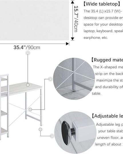 4NM 35" Small Computer Desk with 4-Tier Bookshelf, Home Office Desk Writing Workstation Study Table Multipurpose for Small Space Work - All White - LeafyLoom