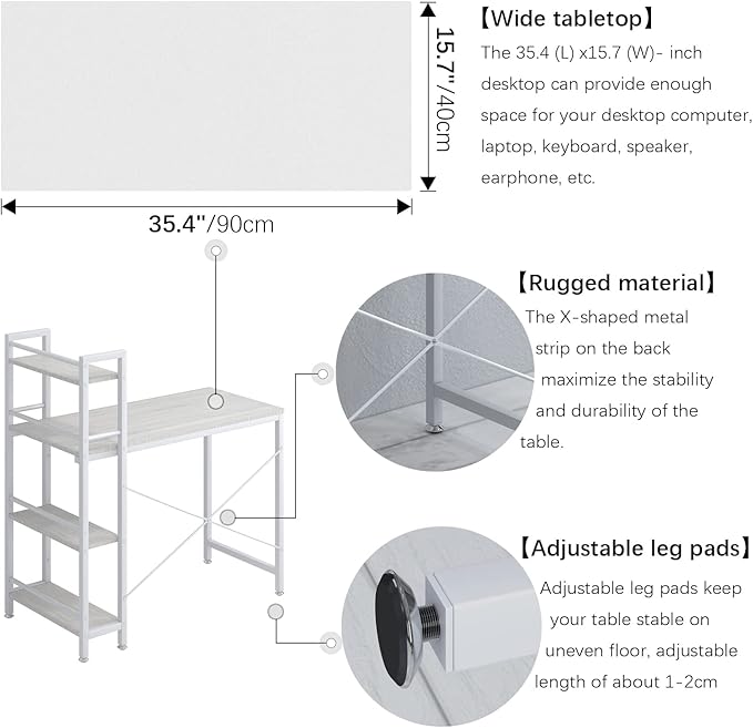 4NM 35" Small Computer Desk with 4-Tier Bookshelf, Home Office Desk Writing Workstation Study Table Multipurpose for Small Space Work - All White - LeafyLoom