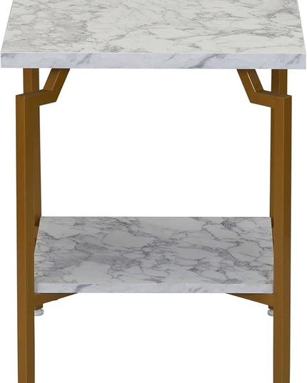 Household Essentials Crown Square Side End Table with Storage Shelf White Marble and Gold Metal - LeafyLoom