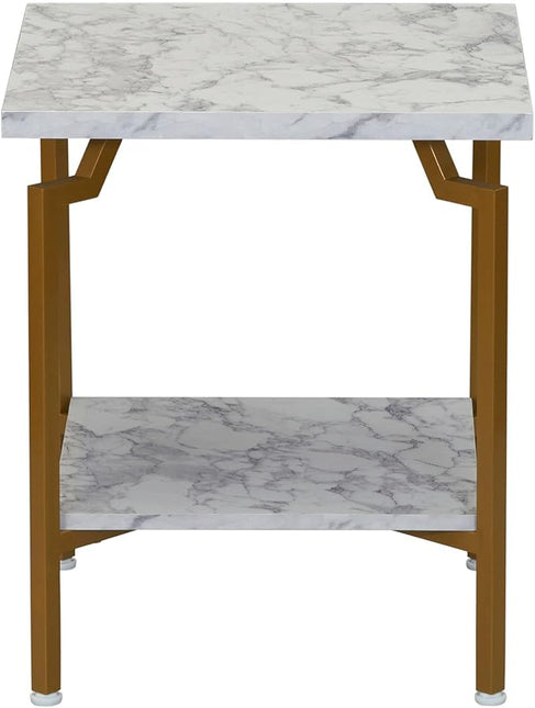 Household Essentials Crown Square Side End Table with Storage Shelf White Marble and Gold Metal - LeafyLoom