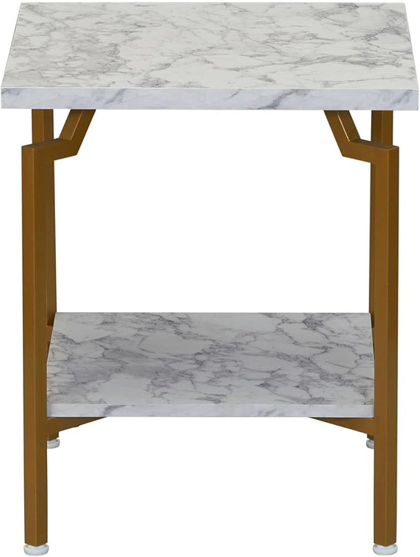 Household Essentials Crown Square Side End Table with Storage Shelf White Marble and Gold Metal - LeafyLoom