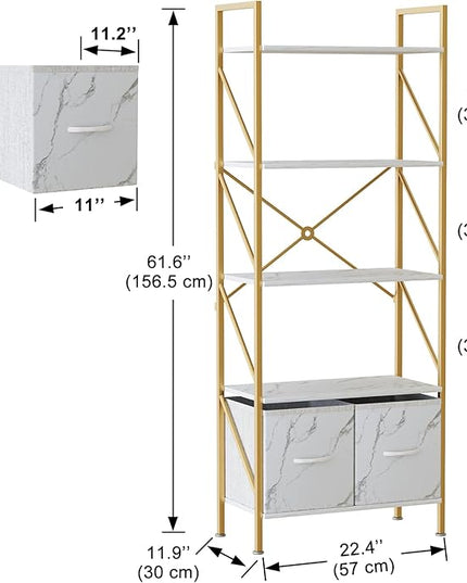5 Tier Industrial Bookcase Shelf for Bedroom/Living Room/Home Office,Rustic Tall Storage Rack with 2 Drawers,Open Display Standing Shelf Units Shelves for Books and Movies, 22.4 in (Gold,2 Drawers) - LeafyLoom