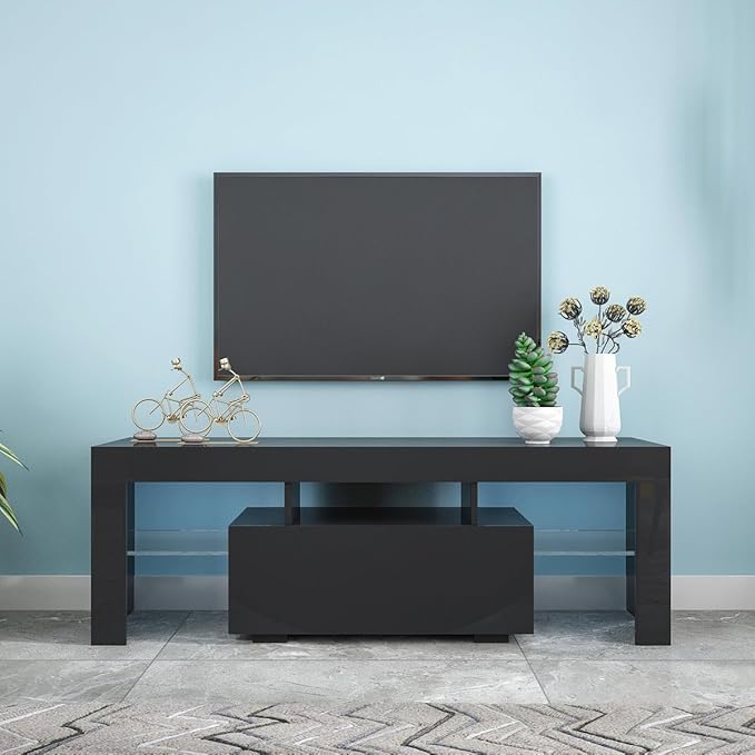 70Inch TV Stand Base, Entertainment Center Cabinet with LED Light Media Console for Living Room, Bedroom, Black-2 - LeafyLoom