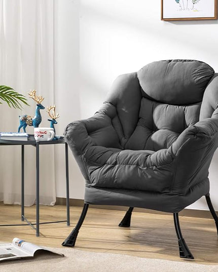 HollyHOME Fabric Lazy Chair with Foldable Ottoman, Accent Comfy Lounge Arm Chair and Folding Footrest Stool Set, Leisure Sofa Reading Chair and Footstool for Living Room, Bedroom, Dorm, Dark Grey - LeafyLoom