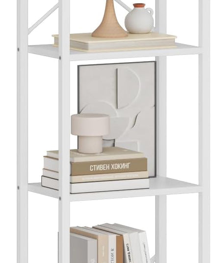 Bookshelf, Book Shelf, Industrial Bookcase with 2 Hooks, Coner Shelf Storage Organizer for Home Office, Living Room, Bedroom, Kitchen, 6-Tier White BC10713W - LeafyLoom