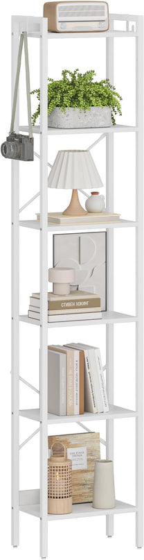 Bookshelf, Book Shelf, Industrial Bookcase with 2 Hooks, Coner Shelf Storage Organizer for Home Office, Living Room, Bedroom, Kitchen, 6-Tier White BC10713W - LeafyLoom