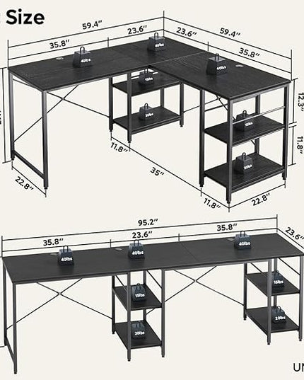 Bestier 95.2” L Shaped Desk, Reversible Corner Computer Desk or 2 Person Long Table with Adjustable Shelves, Large Writing Study Workstation with 3 Cable Holes - Black - LeafyLoom