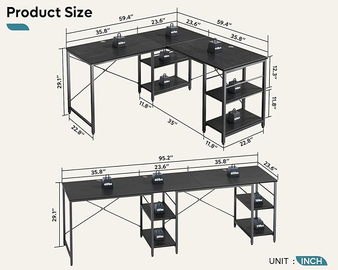 Bestier 95.2” L Shaped Desk, Reversible Corner Computer Desk or 2 Person Long Table with Adjustable Shelves, Large Writing Study Workstation with 3 Cable Holes - Black - LeafyLoom