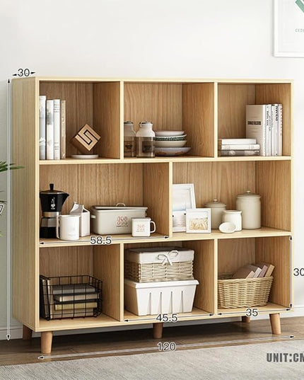 IOTXY Open Cube Low Bookcase - 3-Tier Freestanding Storage Display Cabinet Organizer with Legs for Home Office, 8-Cubes Open Shelf Short Bookshelf, Oak - LeafyLoom
