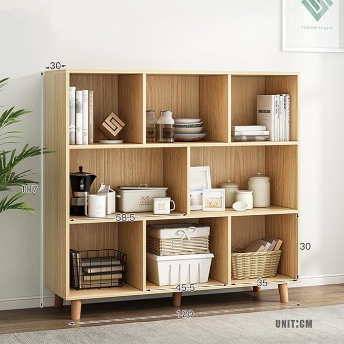 IOTXY Open Cube Low Bookcase - 3-Tier Freestanding Storage Display Cabinet Organizer with Legs for Home Office, 8-Cubes Open Shelf Short Bookshelf, Oak - LeafyLoom