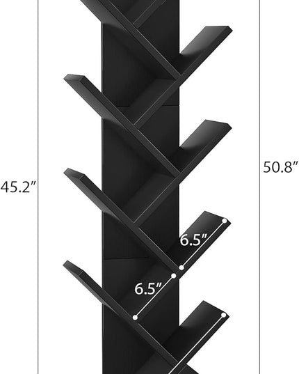 Topfurny Tree Bookshelf, 9-Tier Shelf Rustic Brown Bookcase, Retro Wood Storage Rack for CDs/Movies/Books, Anti-Fall Utility Organizer Shelves for Living Room, Bedroom, Home Office, Black - LeafyLoom