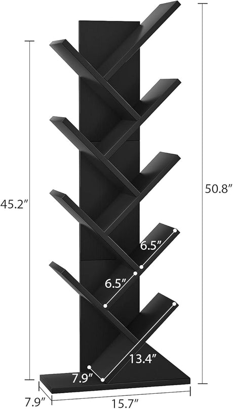 Topfurny Tree Bookshelf, 9-Tier Shelf Rustic Brown Bookcase, Retro Wood Storage Rack for CDs/Movies/Books, Anti-Fall Utility Organizer Shelves for Living Room, Bedroom, Home Office, Black - LeafyLoom