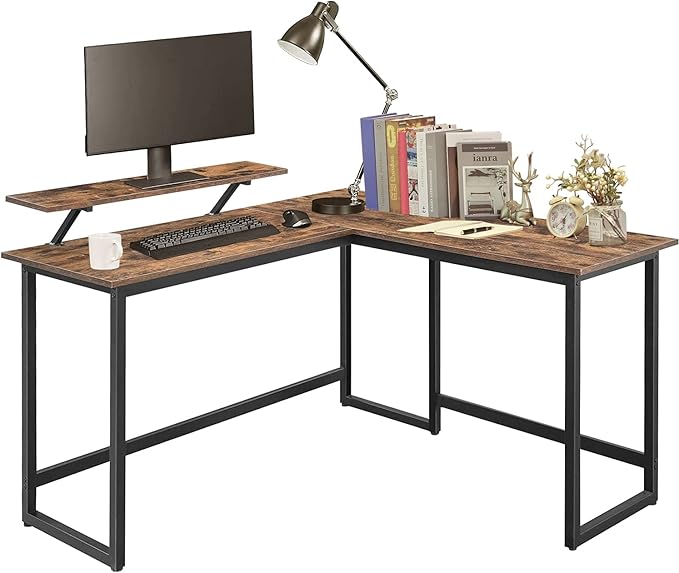 L Shape Computer Desk - Spacious 55 inch Corner Desk Home Office Desk Gaming Desk with Reversible Monitor Stand and Adjustable Feet, Easy Assembly, Rustic Brown - LeafyLoom
