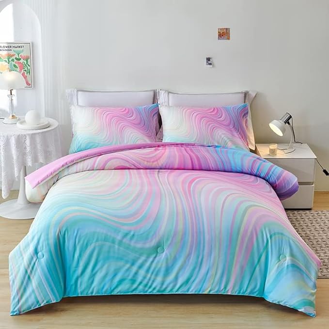 tie dye Queen Comforter Set,Queen Comforter Set for Girls,Pink Comforter Set for Kids Teens,Kids Queen Bedding Set for Girls,Colorful Rainbow Bedding Set for Girls - LeafyLoom