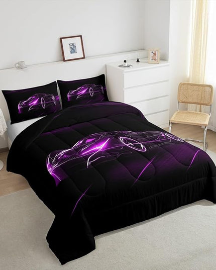 Feelyou Purple Race Car Bedding Set Twin Size for Kids Boys Extreme Sport Games Comforter Set Teens Toddler Fast and Furious Duvet Set Cool Modern Quilt Set 2Pcs - LeafyLoom