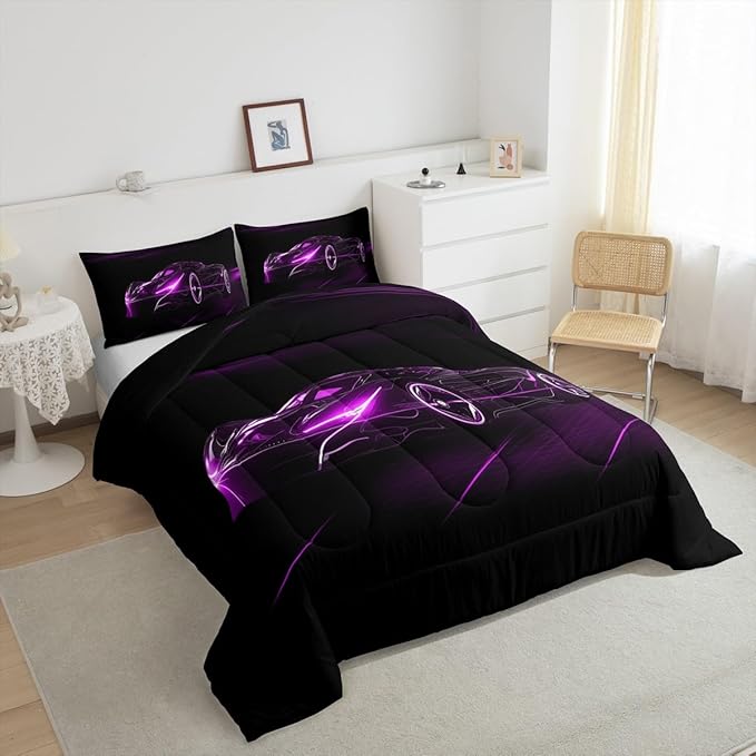 Feelyou Purple Race Car Bedding Set Twin Size for Kids Boys Extreme Sport Games Comforter Set Teens Toddler Fast and Furious Duvet Set Cool Modern Quilt Set 2Pcs - LeafyLoom