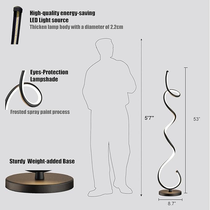 Modern Floor Lamps for Living Room, LED 53" Tall 30W Black Spiral Corner Floor Lamp with Remote, 3 Color Temperature, Stepless Dimmable, Bright Standing Lamp for Bedroom Home Office Deco - LeafyLoom