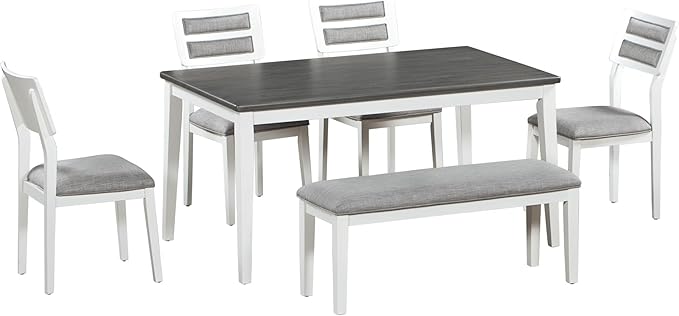 RITSU Traditional Style 6 Piece Dining Table Set, Including 4 Upholstered Burlap Chairs and Bench, Solid Wood Structure, Suitable for Living Room, Apartment,White&gray, 60inch - LeafyLoom