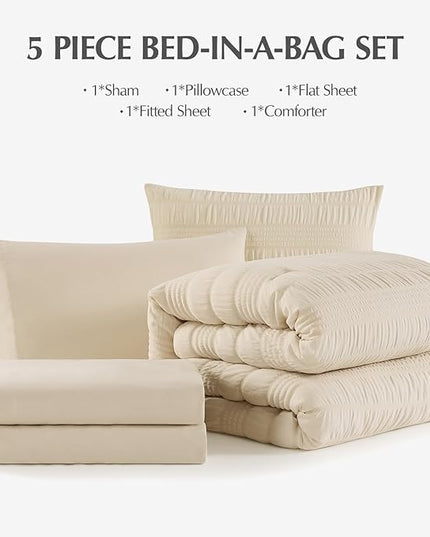 CASAAGUSTO Twin XL comforter Set, 5 Pieces Beige Seersucker Bed in a Bag Twin XL Soft All Seasons, Twin Size Bedding Set with Comforter, Flat Sheet, Fitted Sheet, 1 Pillow Sham, 1 Pillowcase - LeafyLoom