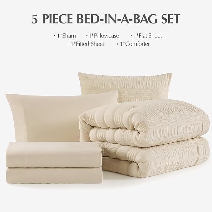CASAAGUSTO Twin XL comforter Set, 5 Pieces Beige Seersucker Bed in a Bag Twin XL Soft All Seasons, Twin Size Bedding Set with Comforter, Flat Sheet, Fitted Sheet, 1 Pillow Sham, 1 Pillowcase - LeafyLoom