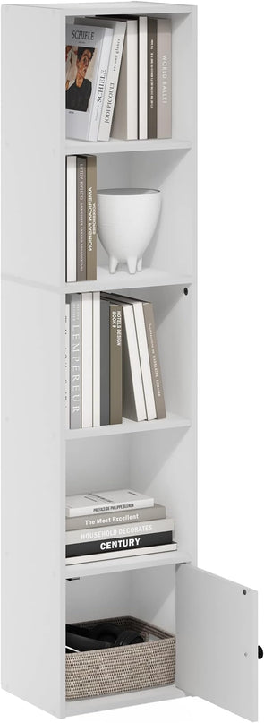 Furinno Luder Shelf Bookcase with 1 Door Storage Cabinet, White, 5-Cube with Cabinet - LeafyLoom