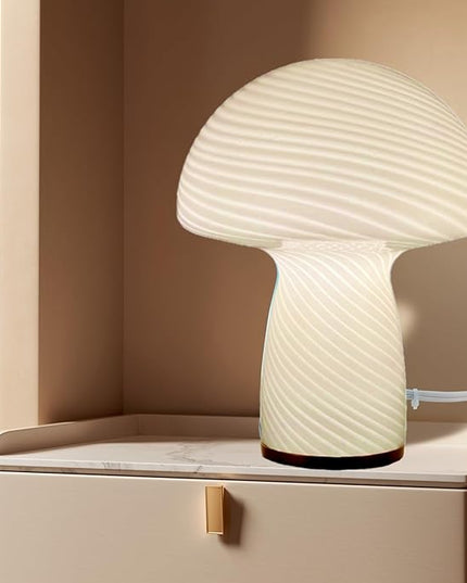 Mushroom Lamp,Glass Table Bedside Lamps,Translucent Vintage Style Striped Small Night Mushroom Decor Light for Ambient,Kids,Bedroom,Living,Gift (Stripe White) - LeafyLoom