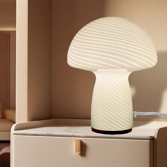 Mushroom Lamp,Glass Table Bedside Lamps,Translucent Vintage Style Striped Small Night Mushroom Decor Light for Ambient,Kids,Bedroom,Living,Gift (Stripe White) - LeafyLoom