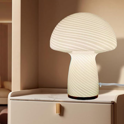 Mushroom Lamp,Glass Table Bedside Lamps,Translucent Vintage Style Striped Small Night Mushroom Decor Light for Ambient,Kids,Bedroom,Living,Gift (Stripe White) - LeafyLoom