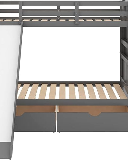 Multifunction Twin Over Full Bunk Bed with Storage Staircase/Two Drawers/Slide/High Guardrail, Solid Wood Bunkbed Furniture for Kids/Teens Bedroom, No Box Spring Needed, Gray - LeafyLoom